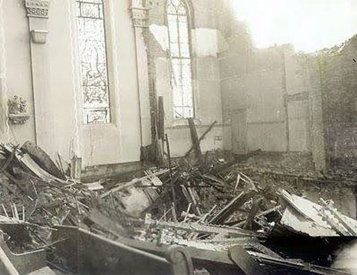Inside view of 1945 Tornado Damage to St. Peter Church