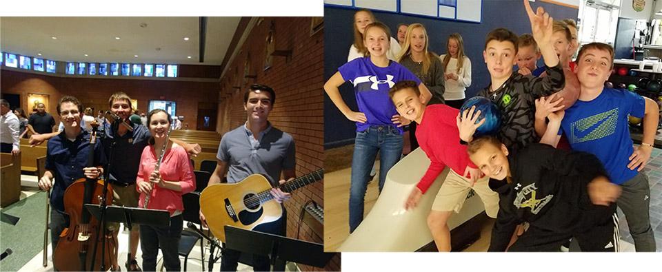 Kids playing instruments and having fun bowling